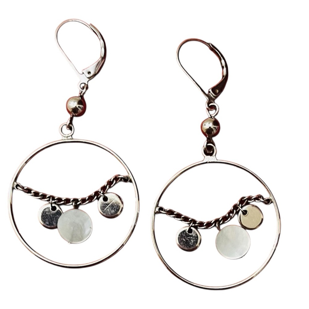 Silver like Dangle Round Earrings 2.5 inches long